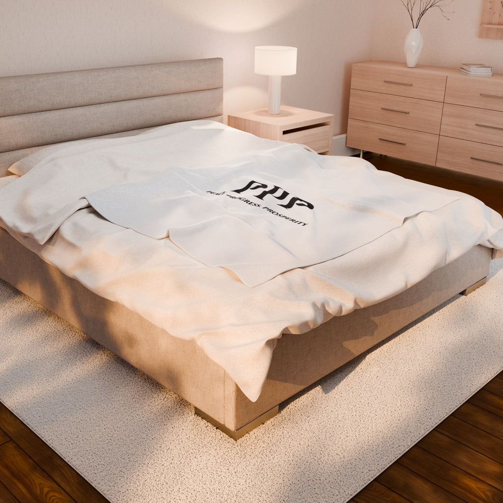 Velveteen Plush Blanket - 'PPP: Peace. Progress. Prosperity.' Minimalist White Throw for Home, Gifts & Office