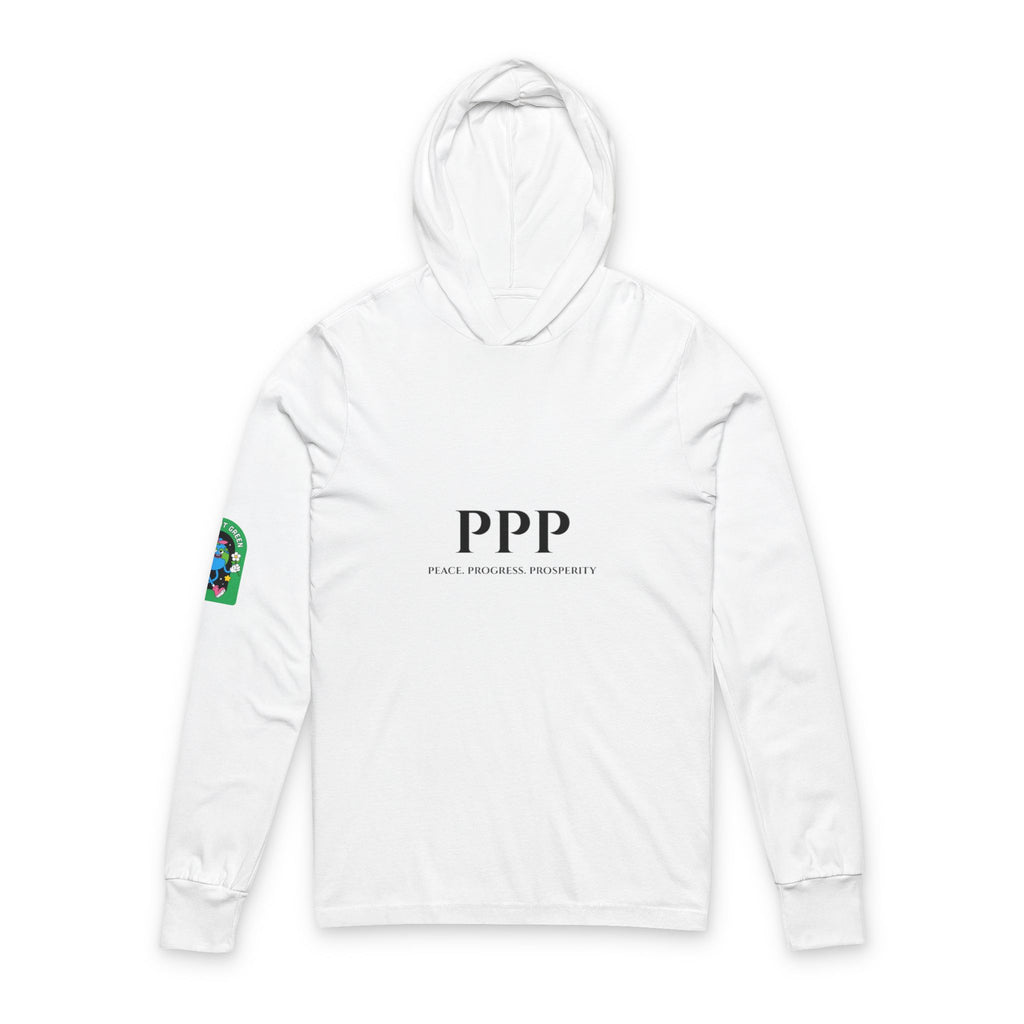 Hooded Long Sleeve Tee — Minimalist "PPP" Logo Tee with Sleeve Graphic