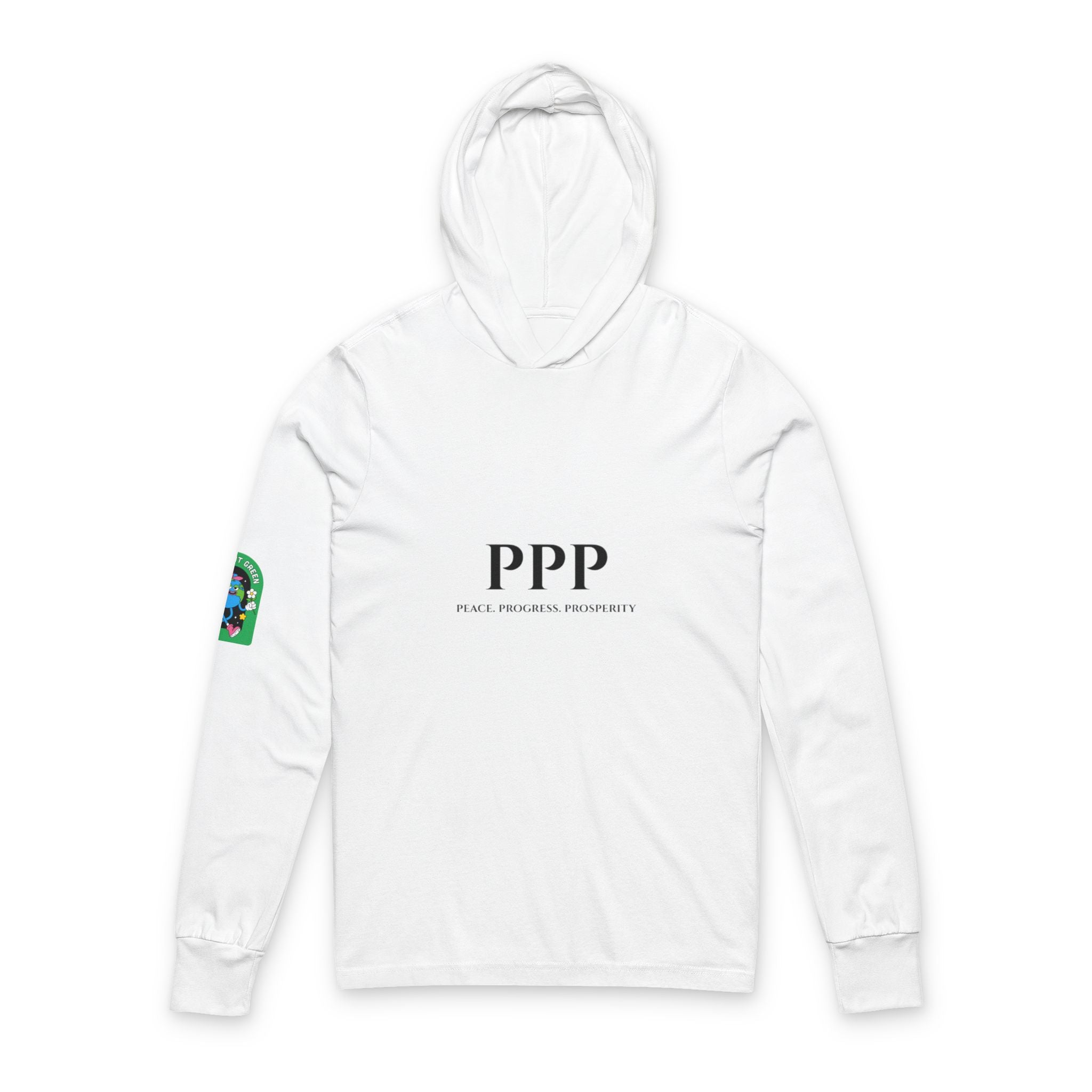 Hooded Long Sleeve Tee — Minimalist "PPP" Logo Tee with Sleeve Graphic