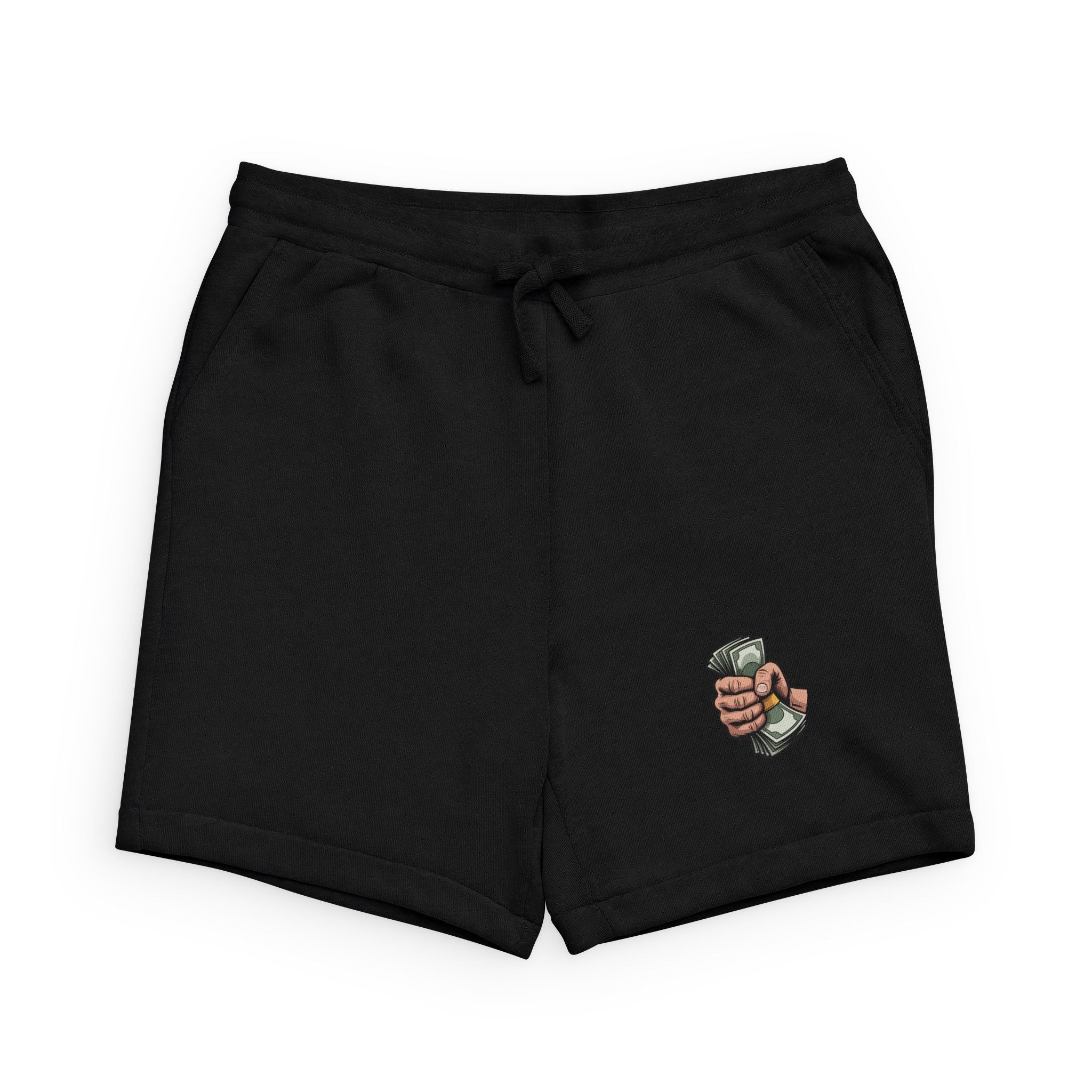 Cash Grip Sweatshorts — Casual Black Fleece Shorts with Money Hand Patch