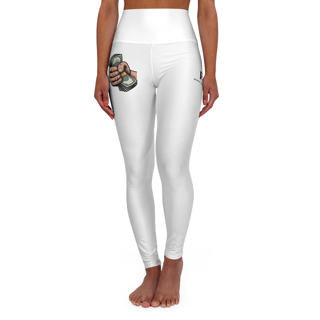 White High-Waist Yoga Leggings with Money Hand Graphic