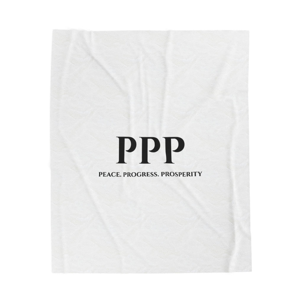 Velveteen Plush Blanket - 'PPP: Peace. Progress. Prosperity.' Minimalist White Throw for Home, Gifts & Office