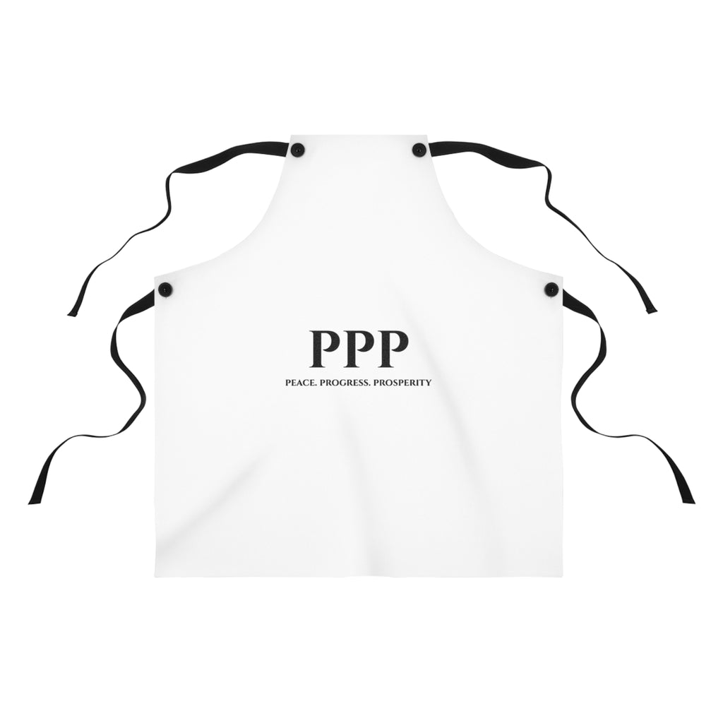 PPP Apron — "Peace. Progress. Prosperity." Minimalist White Kitchen Apron