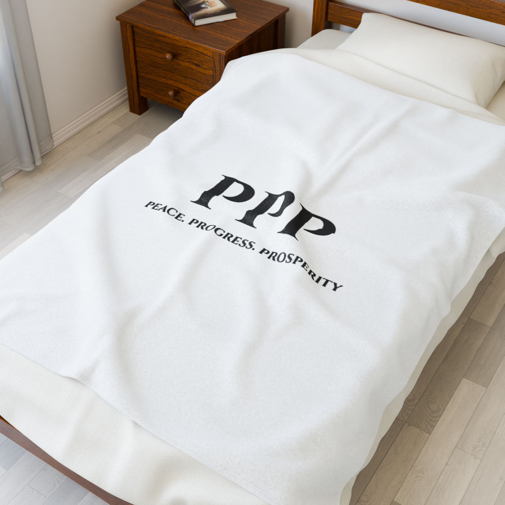 Velveteen Plush Blanket - 'PPP: Peace. Progress. Prosperity.' Minimalist White Throw for Home, Gifts & Office