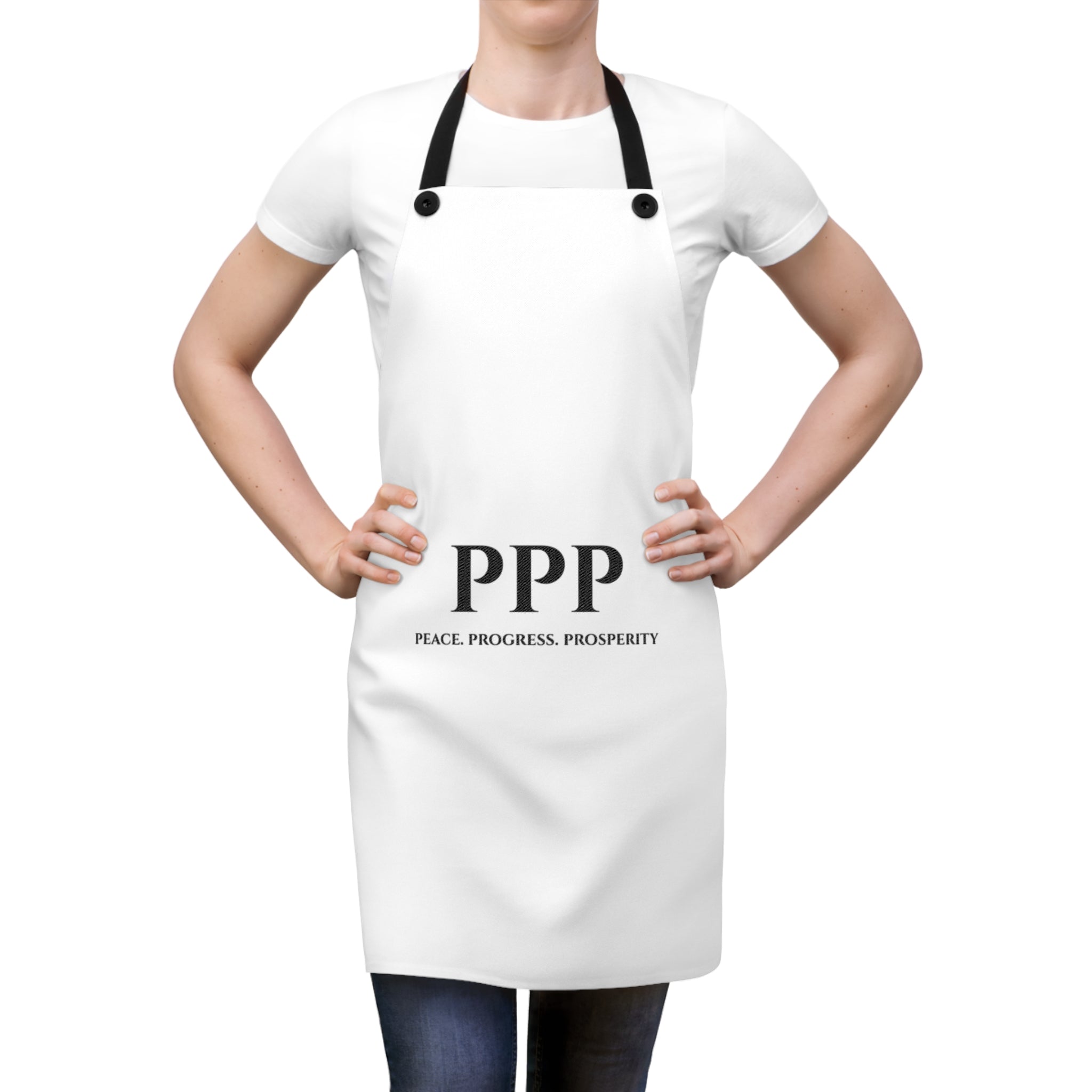 PPP Apron — "Peace. Progress. Prosperity." Minimalist White Kitchen Apron