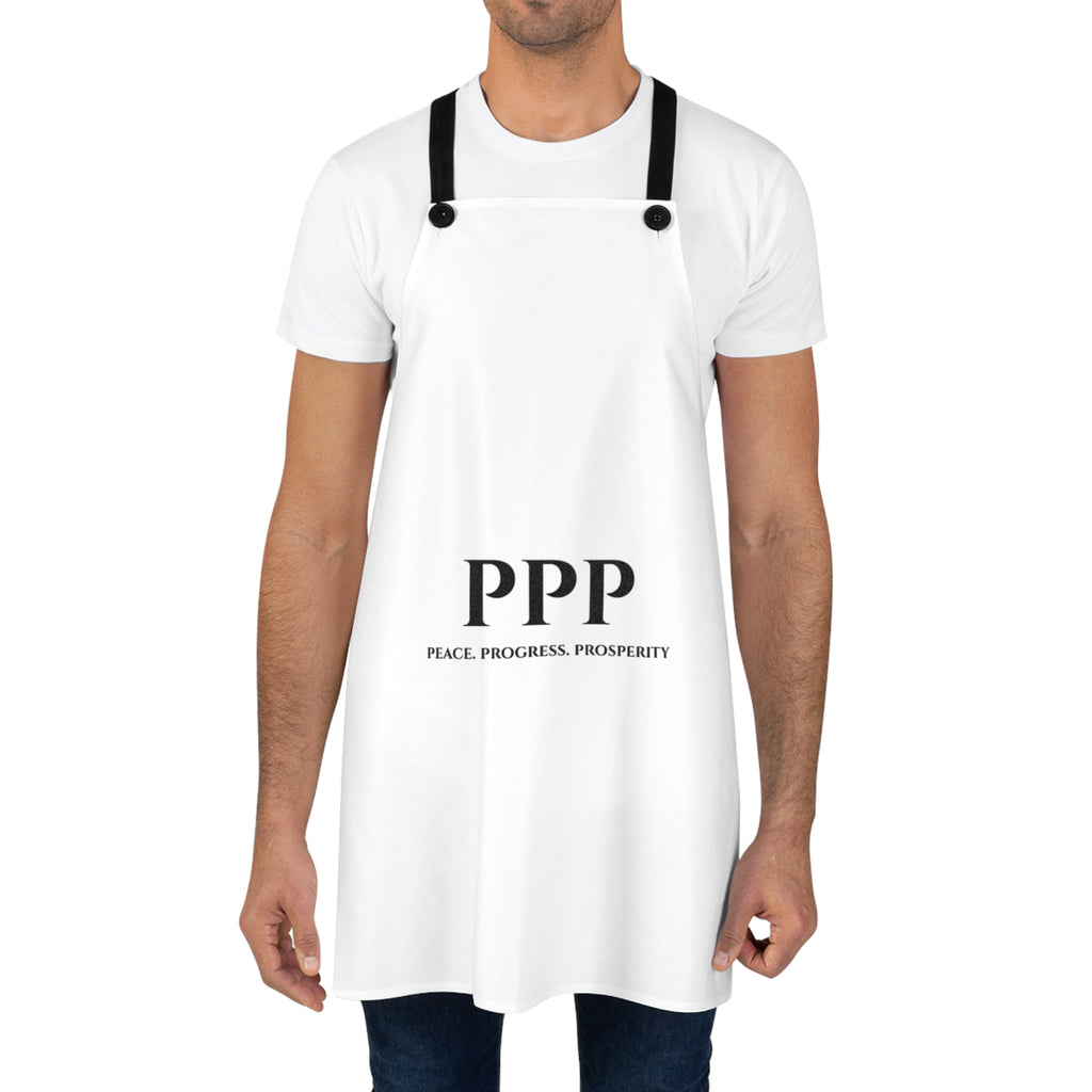 PPP Apron — "Peace. Progress. Prosperity." Minimalist White Kitchen Apron