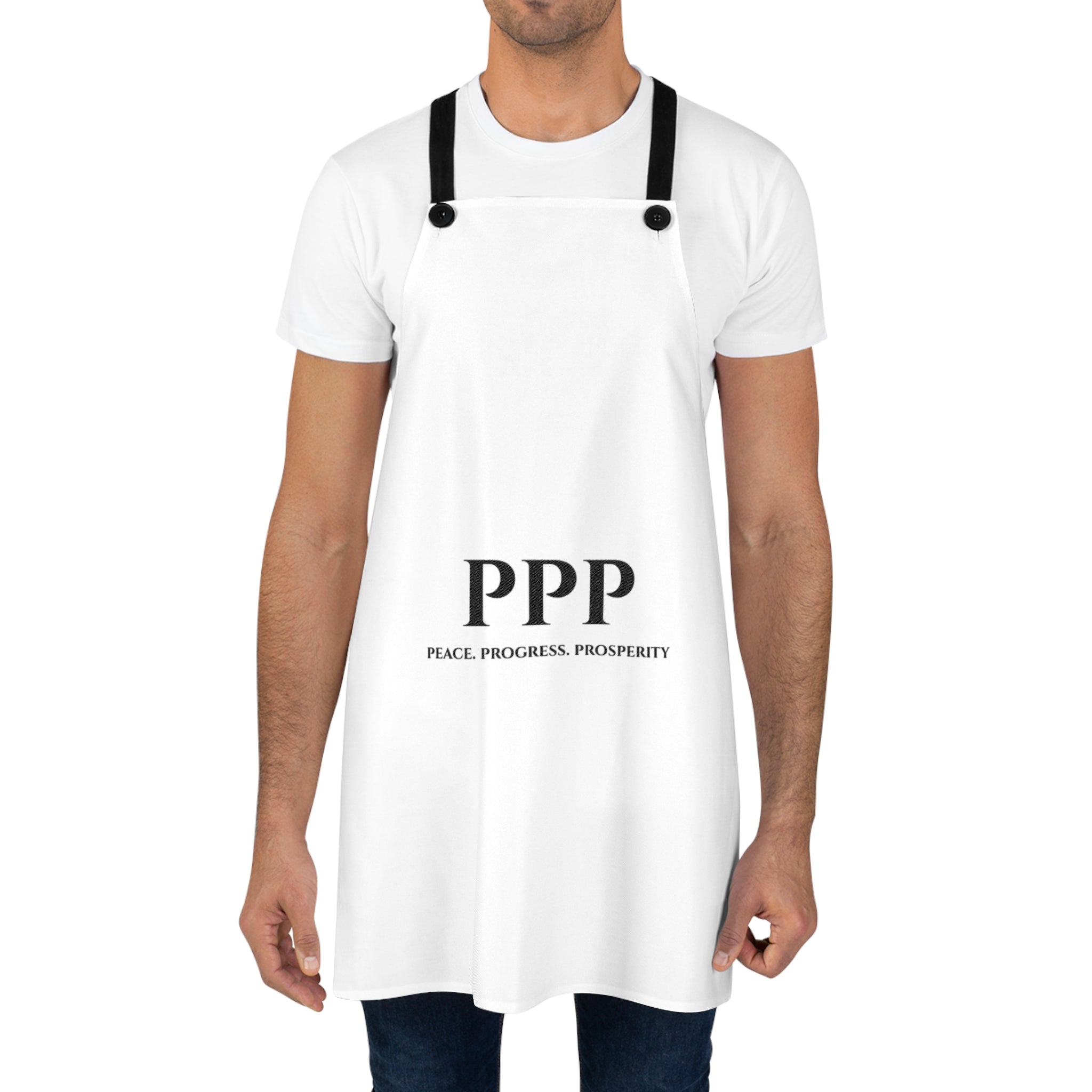 PPP Apron — "Peace. Progress. Prosperity." Minimalist White Kitchen Apron